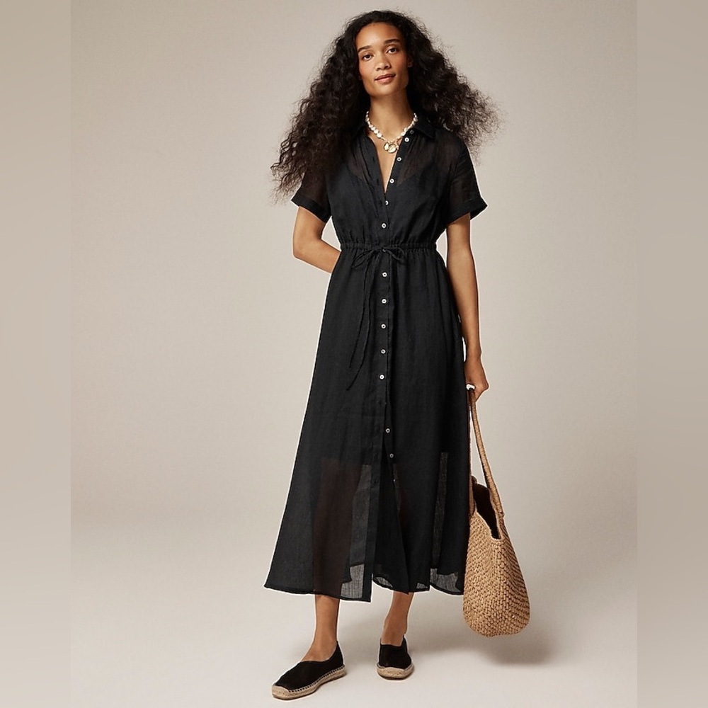 NWT J.Crew Tall Cerise shirtdress in ramie 6T Black Preppy Vacation Resort Midi